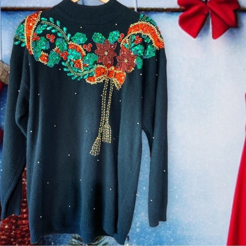 Vintage Marisa Christina Christmas Poinsettia Beaded Sweater L